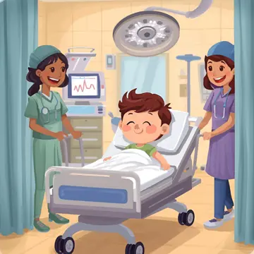 Cartoon image of a child being wheeled into an operating theatre