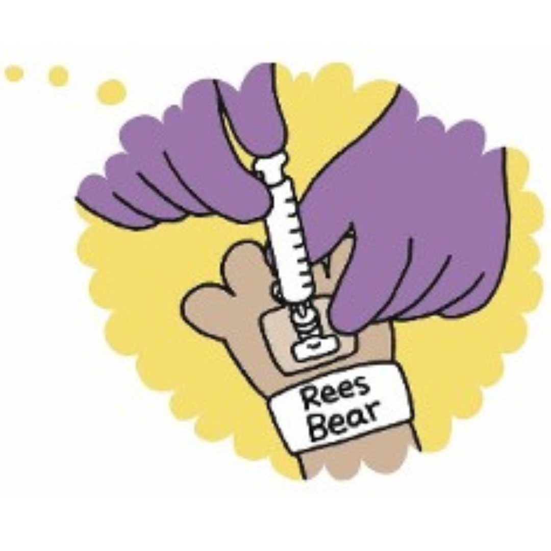 Cartoon Rees Bear getting a cannula in their paw