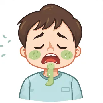 cartoon image of a child in a blue t-shirt looking sick with green cheeks and vomit coming from its mouth
