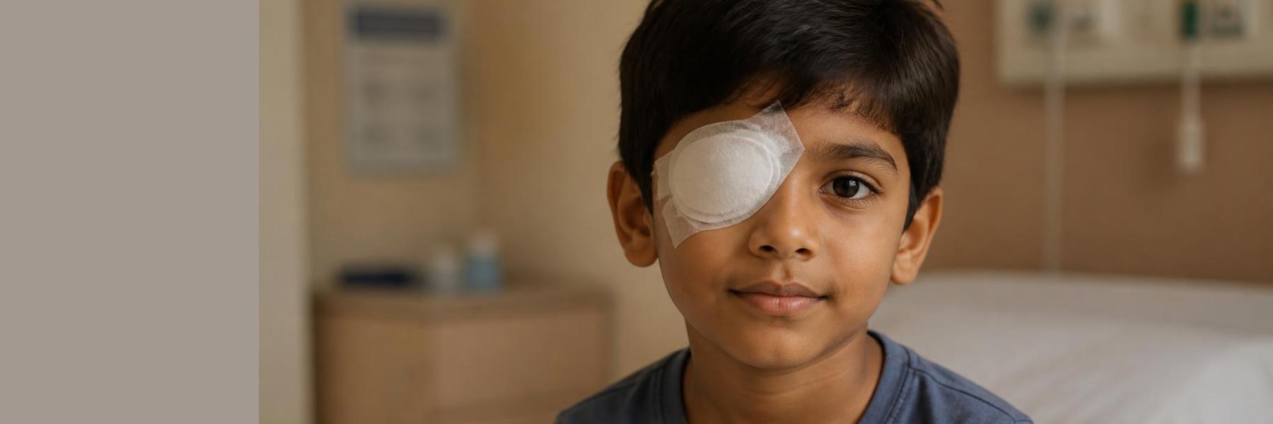 Child with eye patch covering right eye following an injury