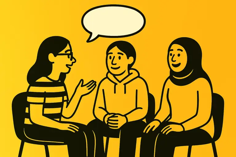 Graphic of a black outline of three people sitting together talking, with a speech bubble, on a yellow background
