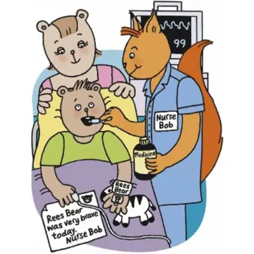 Cartoon Rees Bear being given medicine by Nurse Bob squirrel