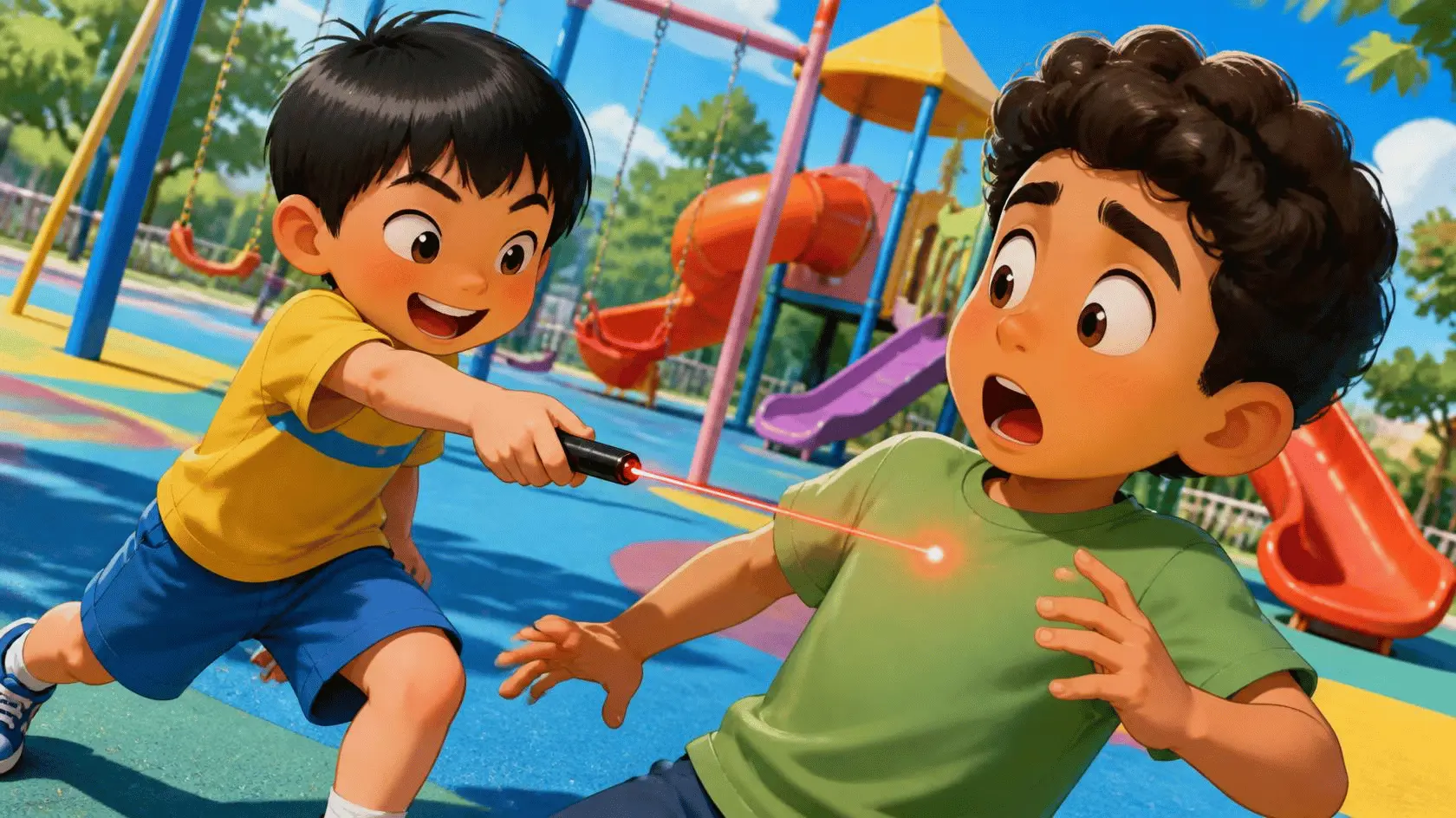 Cartoon of two children in a playground one running after the other with a laser pen 
