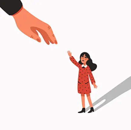 Drawing of a large hand reaching down towards a small person in a dress