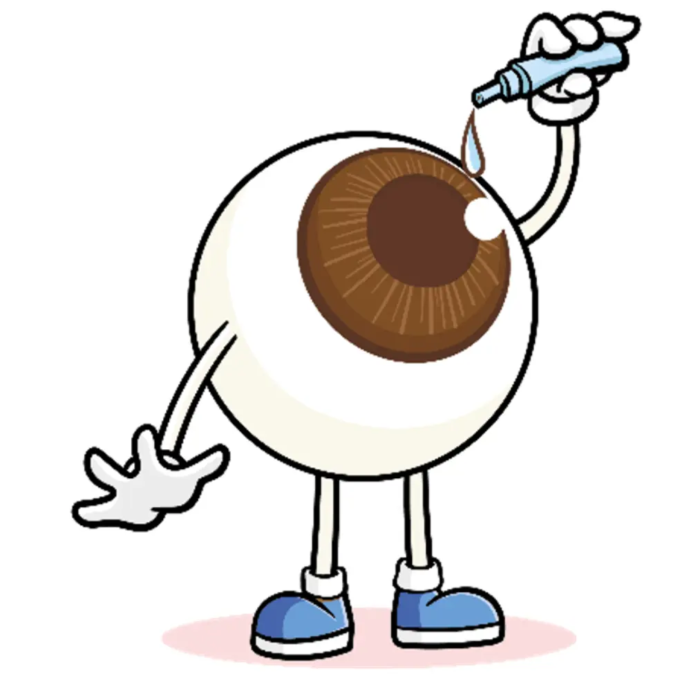 Cartoon eyeball with legs and arms apply a liquid to the pupil
