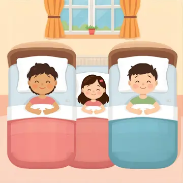 A friendly cartoon-style hotel room with a family of three sleeping in separate beds. They look calm, comfortable and relaxed.