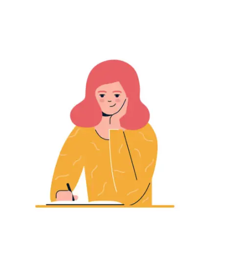 Drawing of a person writing in a book with their hand resting on their cheek