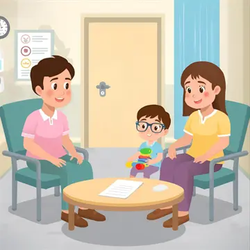 A cartoon-style hospital consultation room with a smiling person  talking to a family. Everyone is sitting down and there is paper on a lower table in the middle.