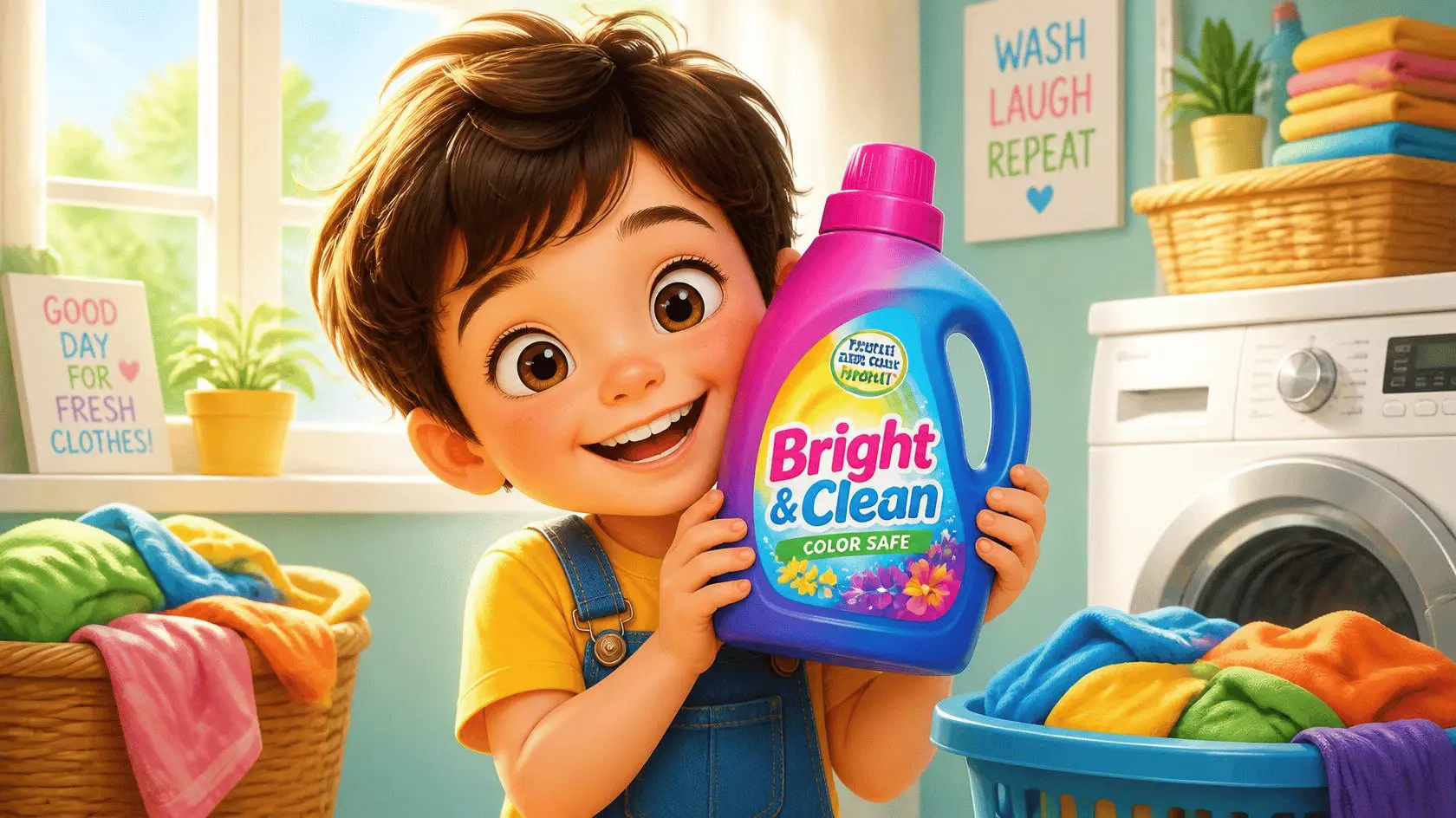 cartoon child holding washing detergent bottle near their face
