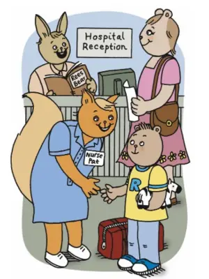 Cartoon Rees Bear arriving at the hospital reception with Mama Bear