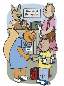 Cartoon Rees Bear arriving at the hospital reception with Mama Bear