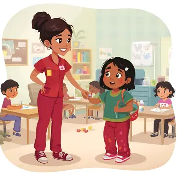 Cartoon style  hospital playroom with a smiling playroom assistant nurse welcoming a young child (age 6–8)