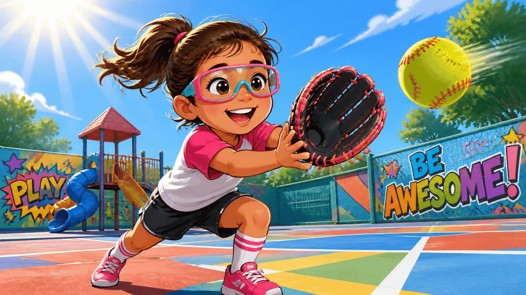 cartoon image of a child catching a ball wearing protective glasses