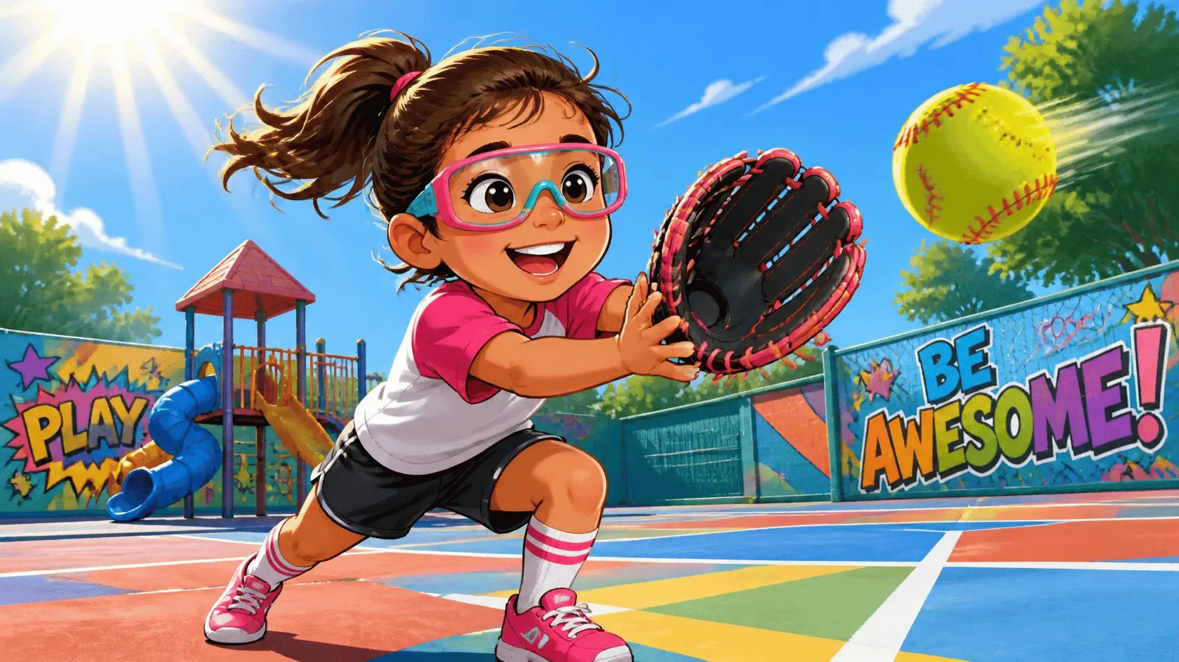 cartoon image of a child catching a ball wearing protective glasses