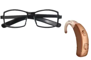 Hearing Aid and black rimmed glasses on a white background