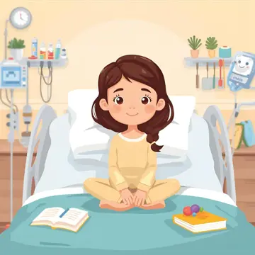 Cartoon of a child sitting crossed legged on a hospital bed with a book and notepad next to them